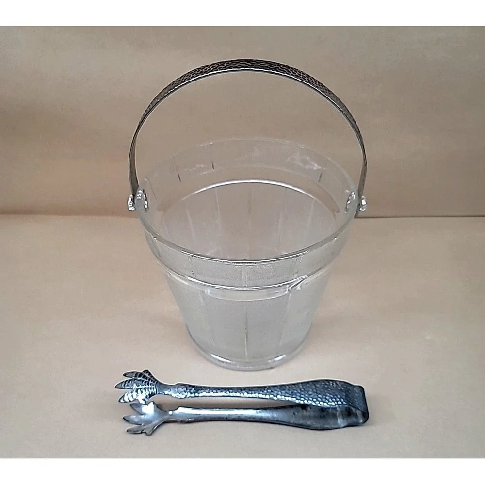 Vintage Textured Clear Glass Keg Barware Ice Bucket w/Hammered Handle & Tongs